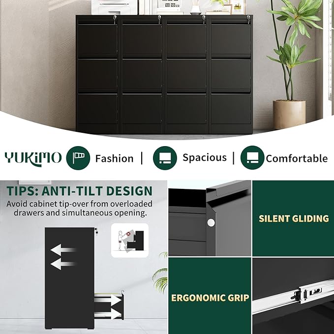 3 Drawer File Cabinet with Lock, Vertical Filing Cabinets for Home Office, Locking File Cabinet Hanging Files for A4/ Legal/Letter, Require Assembly, Black