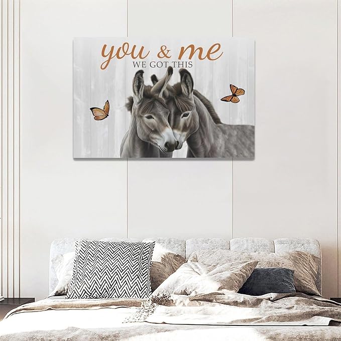 yerretin Farmhouse Donkey Wall Art Country Love Pictures Wall Decor Rustic Animal Canvas Painting Home Decoration Artwork for Bathroom Bedroom Living Room Office Framed 24"x16"