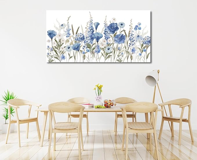 arteWOODS Elegant Flowers Wall Art - Blue White Botanical Pictures for Wall Decor Floral Blossom Canvas Painting Print Artwork for Living Room Bedroom Home Office Wall Decoration 24" x 48"