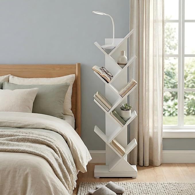 ruboka Tree Bookshelf,Retro Floor Standing Bookcase Display for CDs/Magazine/Books,Small Bookshelf for Bedroom,Living Room,Office,Balcony,Brown Storage Shelves (White, 9 Tier)