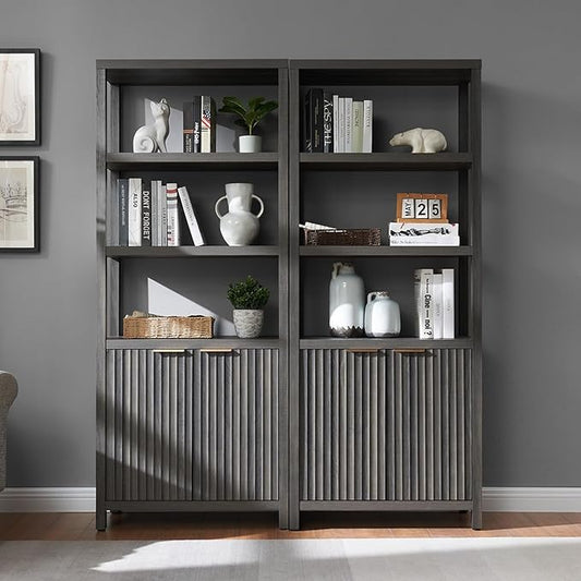 5-Tier Black Bookshelf with Storage, 70" Tall, Fluted Wood, 2PCS, Suitable for Living Room, Bedroom, Home Office