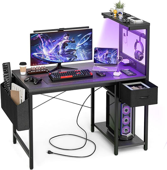 Grandder Gaming Desk 40 Inch with Power Outlet and LED Light, Computer Desk with Reversible Shelves and Storage Drawer, Pc Small Desk for Home Office Table with Bag, Carbon Fiber Black