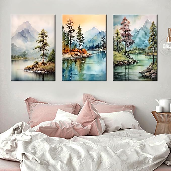 Forest Canvas Wall Art Home Decor 3 Piece Wooden Framed Landscape Watercolor Mountain Green Trees Painting Poster HD Picture Print Artwork for Bedroom Living Room Hotel Ready to Hang [48''Wx24''H]