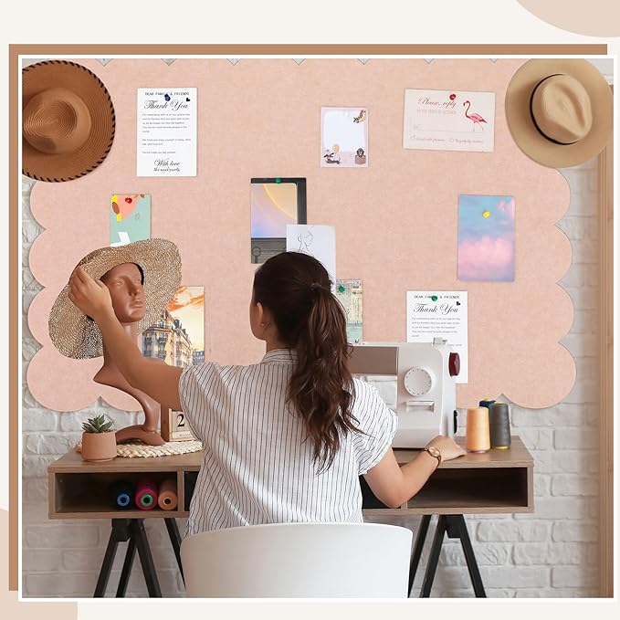 Scalloped Felt Bulletin Board 72 x 48 Inches Foldable Flesh Pink Pin Cork Board Alternative for Wall, 6' x 4' Trifold Picture Vision Self Adhesive Bulletin Decorative
