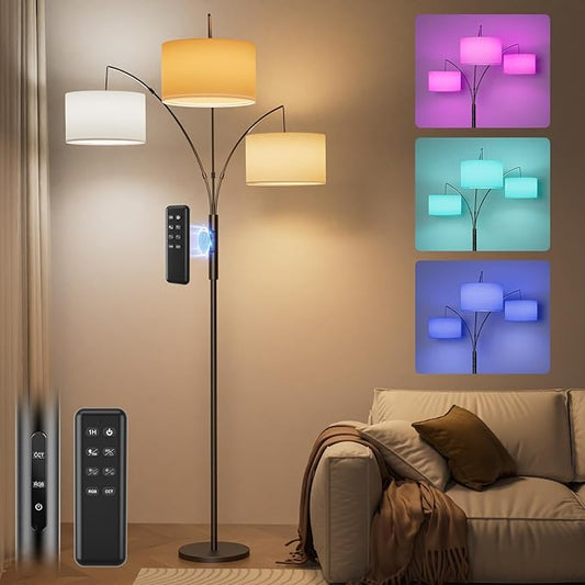 36W RGB Arc Floor Lamp with 3 White Fabric Shades, 3000LM Super Bright Standing Lamp with Remote Control & Touch, Stepless Dimming, Individual Light Control for Living Room, Bedroom