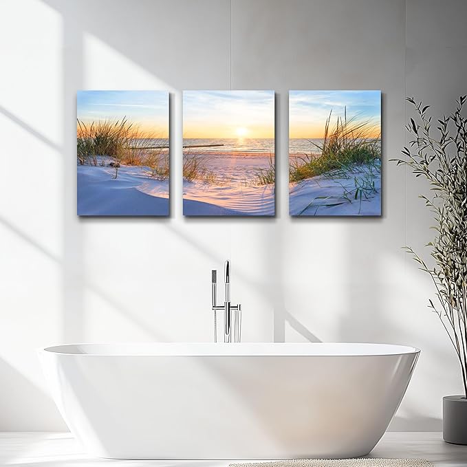 MHARTK66 Wall Decor For Living Room Canvas Wall Art For Bedroom Modern Office Pictures Wall Artwork Blue Sun Beach Grass Ocean Landscape Paintings Canvas Art Prints Home Decorations 3 piece