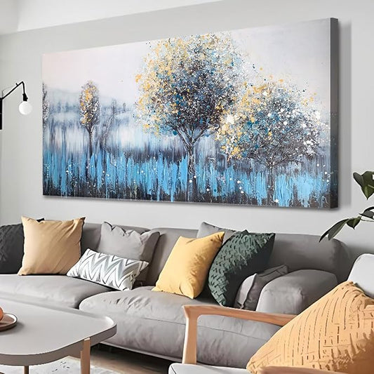 Arjun Large Canvas Wall Art for Living Room Landscape Bedroom Teal Painting Forest Textured Picture Modern Panoramic Nature Artwork Home Office Wall Decor, 48"x24"