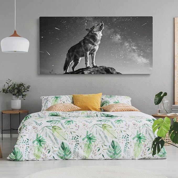 Black White Wolf Framed Canvas Wall Art for Bedroom, Nature Animal Wall Decor 32" L x 16" W