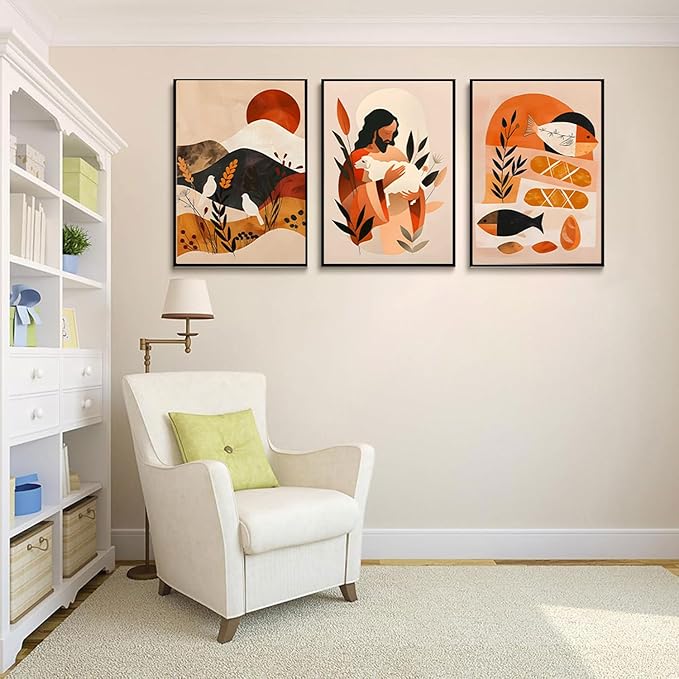 3Pcs Jesus Canvas Wall Art Boho Retro Art Home Posters Prints Jesus Feeds The 5000 Christian Abstract Pictures Wall Decor for Living Room Bedroom Church Decoration Unframed