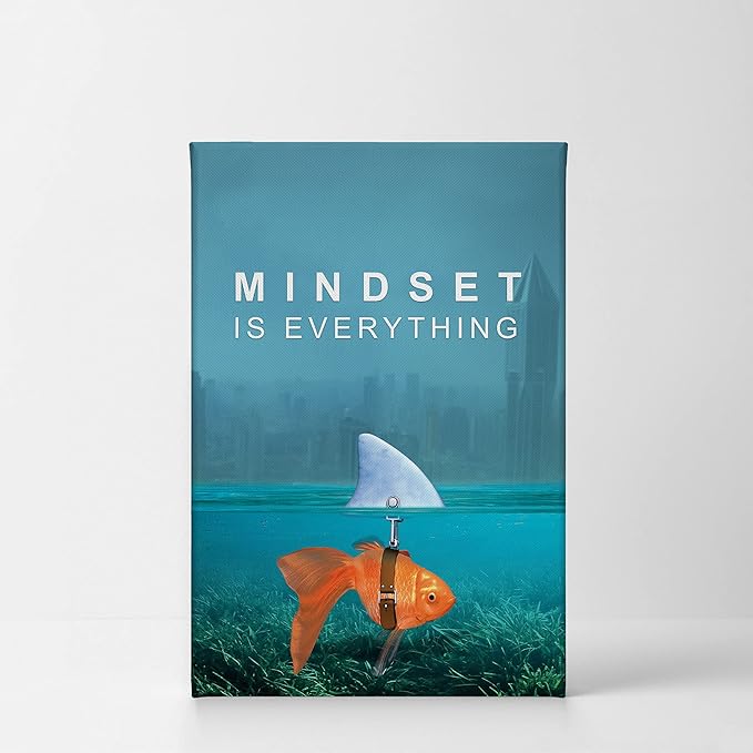 Smile Art Design Mindset is Everything Wall Art Canvas Print Goldfish Shark Entrepreneur Inspirational Motivational Quote Living Room Home Bedroom Office Decor Ready to Hang 36x24
