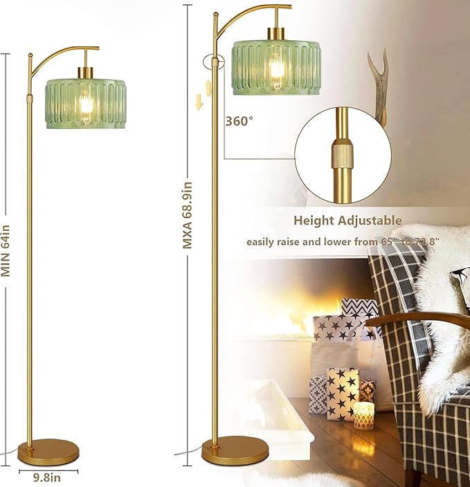 Glass Floor Lamp for Living Room,Bedroom,Gold Dimmable Standing Lamp with Remote,Mid Century Modern Brass Tall Lamp Boho Vintage Retro Floor Lamps Arc Green Flower Floor Light Lamp Bohemian