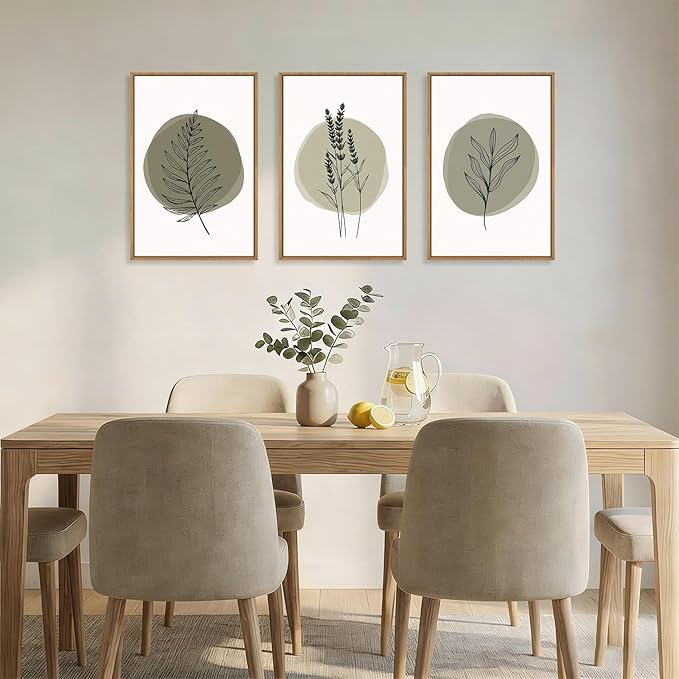HOURIA Spring Sage Green Leaves Framed Canvas Wall Art Set,Minimalism Boho Leaf Wall Decor, Modern Nature Botanical Wall Painting,Mid Century Plant Art Prints for Living Room,Bedroom,Farmhouse-24"x36"x3