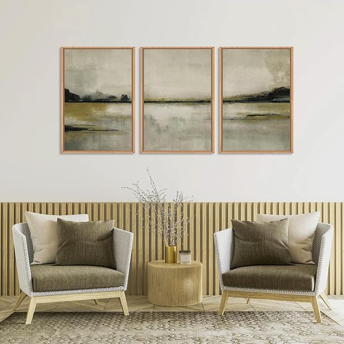 KAIRNE Abstract Mountain Lake Wall Art Set, 3 piece Textured Canvas Wall Decor, Framed Nordic Neutral Tan Painting, Nature Landscape Art Print for Bedroom, Living Room, Office - 24"x36"x3