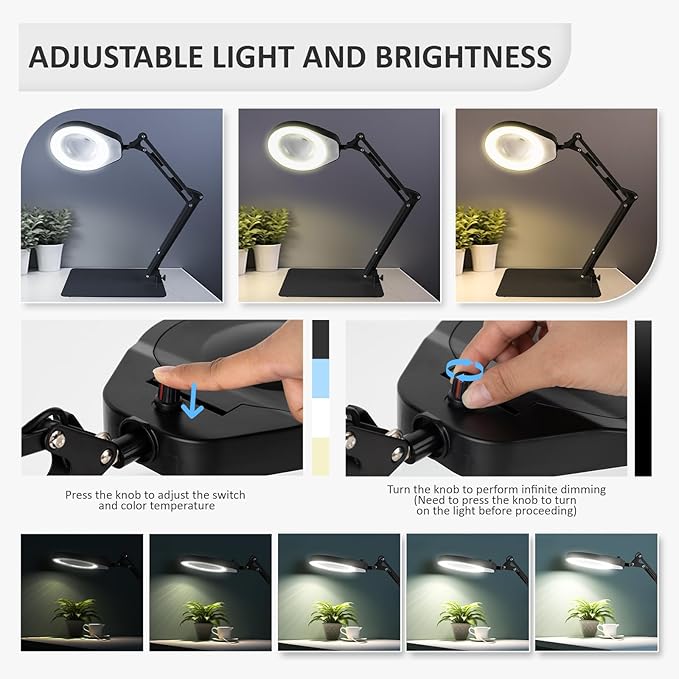 10X Magnifying Glass with Light and Stand,Dimmable Flexible Magnifying Craft Ligh, LED Lighted Magnifier Hands Free for Close Work Craft Reading Painting Hobby (Black-05)