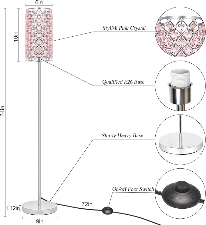 Crystal Floor Lamp for Bedroom, Silver Floor Lamp with Pink Shade, Girls Lamp with On/Off Foot Switch, Elegant Standing Light Tall Pole Lamp for Living Room, Dresser, Office (E26 Base)
