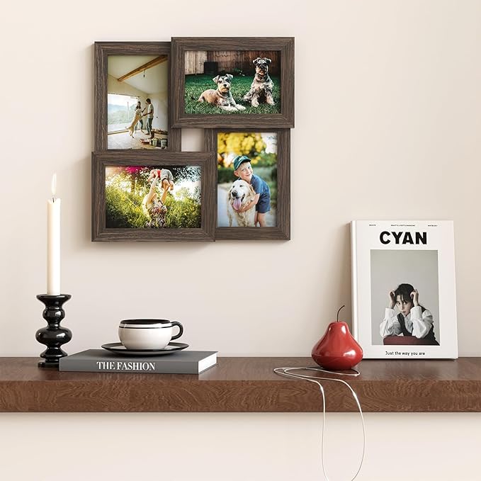 Egofine 4x6 Family Picture Frame Collage, for 4x6 pictures Covered by Plexiglass for Wall Hanging and Tabletop, 4-opening Dimensional Picture Frame for Home Deor, Rustic Brown