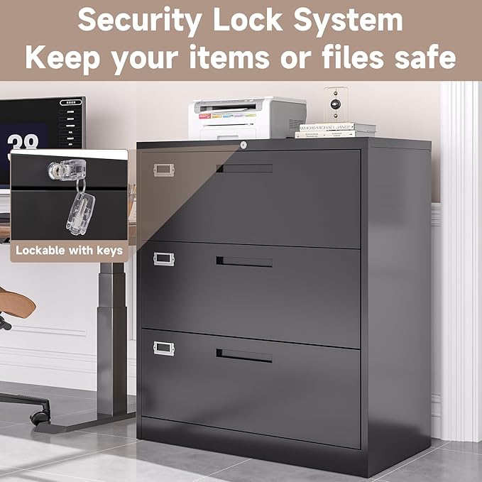 3 Drawer Lateral File Cabinet with Lock, Metal Filing Cabinets for Home Office, Wide Locking File Caninets, Black Office Storage Cabnet for Hanging Letter/Legal / A4 / F4 - Assembly Required