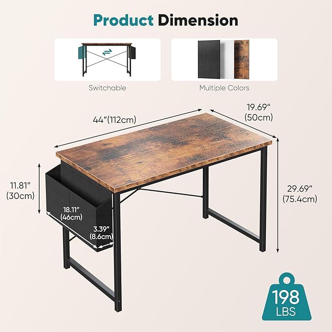 OLIXIS Computer Desk 44 Inch Home Office Desks for Small Spaces, Gaming Writing Study Work Table with Storage Bag and Headphone Hook for Bedroom, Rustic Brown
