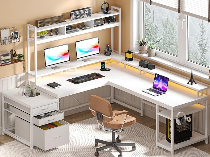 EnHomee 64 x 60 Inches L Shaped Desk with Hutch and Drawers, Gaming Desk with Power Outlet & Monitor Stand & LED Lights, Computer Corner Desk, Two Person Office Desk for Living, Gaming Room, White