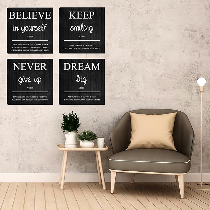 Halioyo Motivational Wall Decor, 4 Pieces Inspirational Wall Art Prints, Motivation Office Positive Quote Posters, Canvas Wall Decor for Home Living Room Classroom (12X12 Inches)