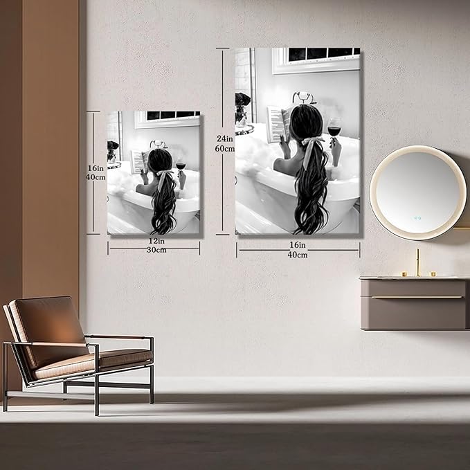 Framed 2pcs Black and White Trendy Bathroom Wall Art Girl in Bathtub Poster Aesthetic Picture Canvas Prints for Fashion Girl Bathroom Décor Minimalist Painting 16x24Inch