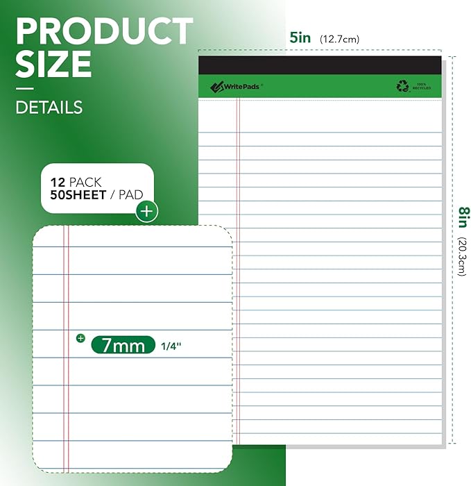 KAISA White Legal Pads Writing Pads 600 Sheets Recycled Paper 5"x8" Narrow Ruled Lined Paper Small Legal pad Perforated 50 sheets Hard Back Notepads Writing Tablet For Office Supplies Study (White 12pads)