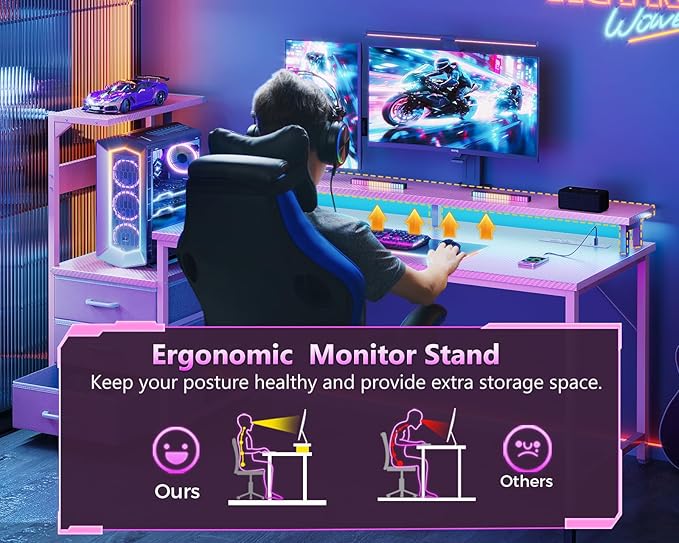 AODK 59 Inch Gaming Desk with USB Charging Ports & LED Light- Reversible Computer Desk with Storage Shelves & Monitor Stand, Modern Gamer Desk Table with Fabric Drawers & Side Hook, Carbon Fiber Pink