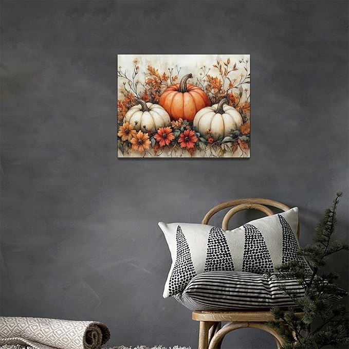 Fall Pumpkin Wall Art Autumn Leaf Pictures Wall Decor Maple Leaves Canvas Painting Modern Artwork Home Decoration for Living Room Bathroom Bedroom Office Framed 16"x12"