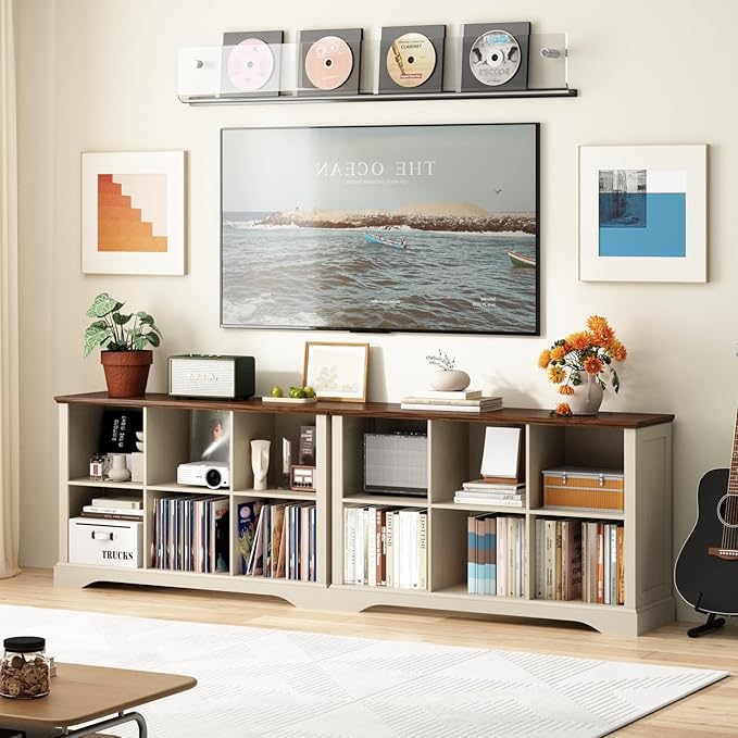 6 Cube Storage Organizer - 47.4" Farmhouse Wood Low Bookshelf, 3 Tier Horizontal Open Shelf Bookcase Cubby Storage Console Cabinet for Living Room, Entryway, Office, Antique White