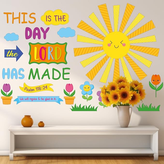 150 Pcs Spring Christian Bulletin Board Set Sunday School Bulletin Board Inspired Religious Classroom Decoration for Teacher Sunday School VBS Bible Church Summer Wall Decor(Bright Colors)