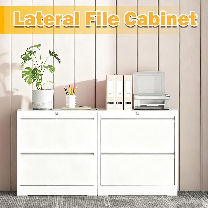 2 Drawer Lateral File Cabinet with Lock, Metal Lateral Filing Cabinets for Home Office, File Cabinet, File Storage Cabinet for Legal/Letter/A4 Documents, Assembly Required, White, 26'W