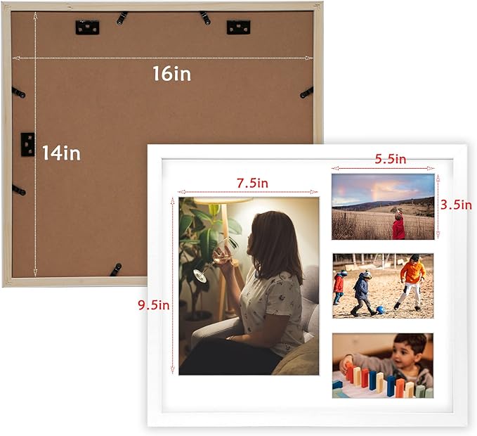 Golden State Art, 14x16 White Wood Picture Frame - White Mat for one 8x10 and Three 4x6 Photos - Tempered Glass, Sawtooth Hanger, Swivel Tabs - Wall Mounting - Great for Gift