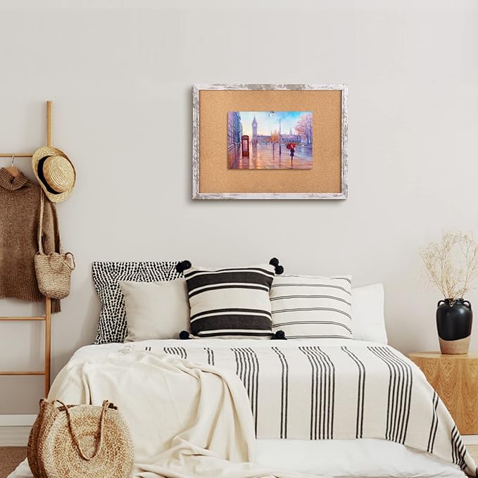 Cork Board Bulletin Board, 23.6x15.7 inches Decorative Hanging Framed Cork Boards for Walls, Pin Board Vision Board for School Home Office, Bulletin Board with White Wood Frame (WH,4060,1p)
