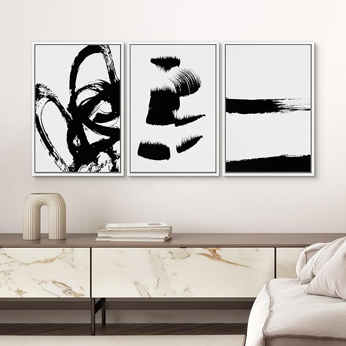 SIGNWIN Framed Wall Art Print Set Grunge Style Black & White Paint Strokes Abstract Shapes Illustrations Modern Art Bohemian Group Dramatic Grey for Living Room, Bedroom, Office - 16"x24"x3 White