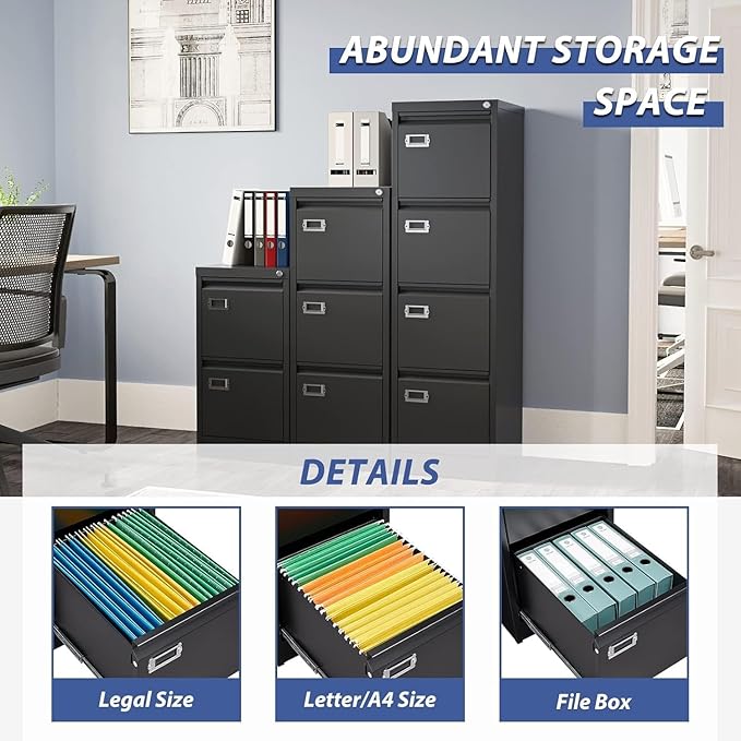 4 Drawer File Cabinet,Black Metal Filing Cabinets with Lock,Metal Vertical Filing Cabinets for Home Office,Steel Storage Cabinet fits Letter/Legal/A4 Size(Assembly Required)