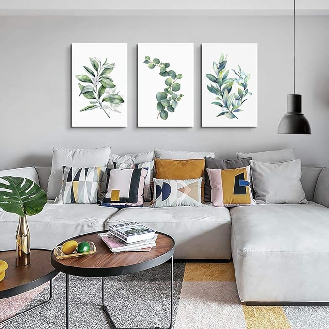 Green leaves Plants Canvas Wall Art for Living Room modern Bathroom Wall Decor for Bedroom Kitchen Home Decorations 3 panel Watercolor painting Canvas Prints Posters Artwork office mural Art works