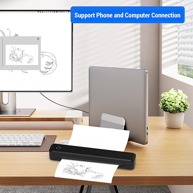 Hyuduo Portable Thermal Printer Labels Printer 203DPI 211.2mm Printing Width Wireless Inkless Printer for 8.5x11in US Letter A4 A5 Paper for Office Car and Home Black