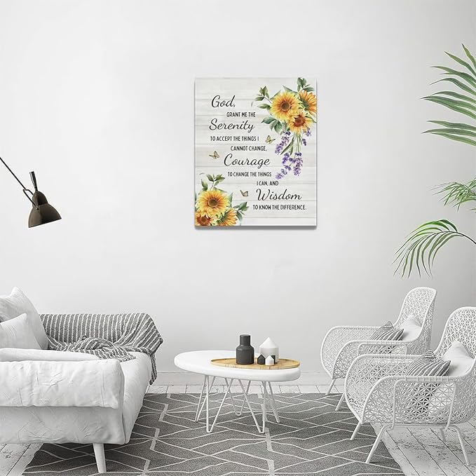 Serenity Prayer Wall Decor Christian Religious Sunflower Pictures Inspirational Bible Verses Scripture Canvas Wall Art God Painting Home Modern Artwork Framed for Living Room Bedroom Office 16x20inch