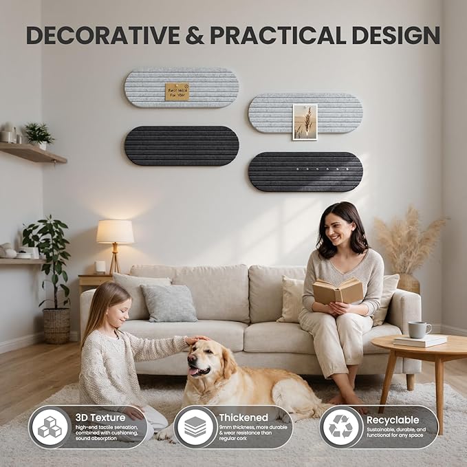 Bulletin Board, 24'' X 8'' Cork Board Alternative, 4 Pack Felt Bar Strips Board with Pushpins, Foldable Felt Notice Vision Board Photo Display Board for Office Home School Wall