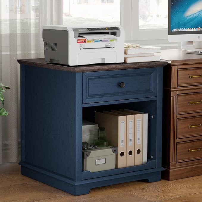 Lateral File Cabinet 3 Drawer File Cabinet with Charging Station, Printer Stand with Open Adjustable Storage Shelves, Lateral Filing Cabinet for Home Office, Blue
