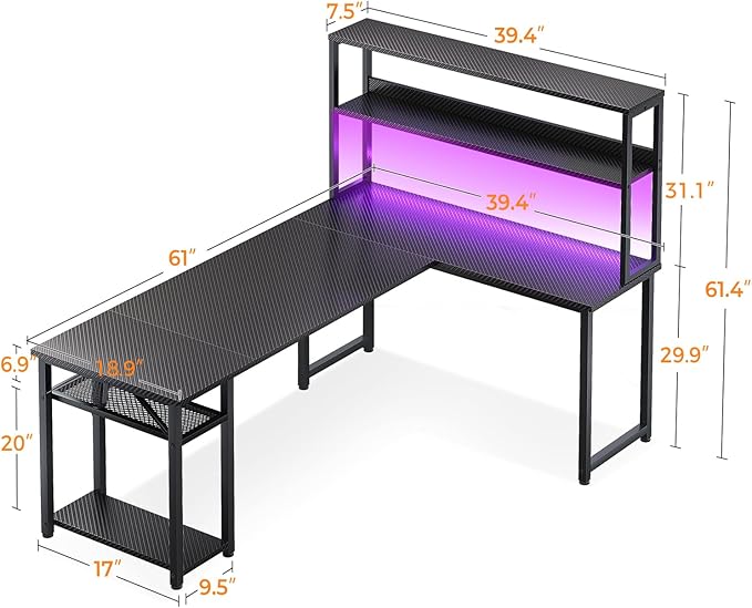 ODK 61" L Shaped Gaming Desk with Hutch & Headphone Hook, Corner Computer Table with Storage Shelves for Home Office, Black
