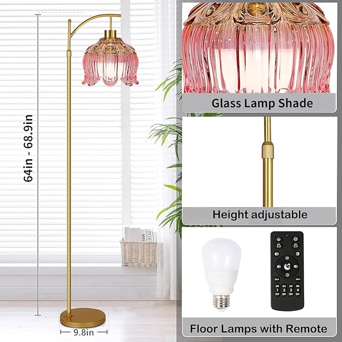 Pink Floor Lamp for Living Room,Bedroom,Glass Mid Century Modern Standing Lamp with Remote,Dimmable Gold Brass Tall Lamp Tulip Flower Arc Floor Light Boho Bohemian