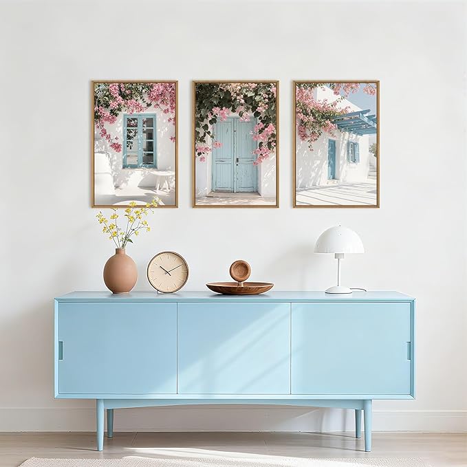 HOURIA Spring Modern Greek Island Cityscape Framed Canvas Wall Art Set,European White House Blue Door Shutter Landscape Wall Decor,Santorini Natural Pink Flower Artwork for Living Room, Bedroom-24"x36"x3