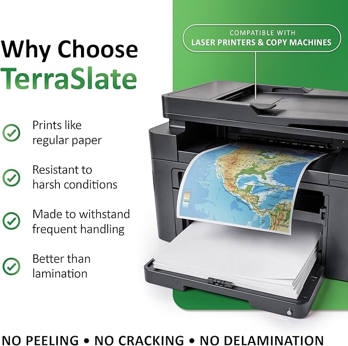 TerraSlate Printable Waterproof Paper for Laser Printer, 10 MIL 8.5" x 14", 100 Sheets, Matte White Printer Paper I Rip-Resistant, Weather/Rain Proof Copy Paper
