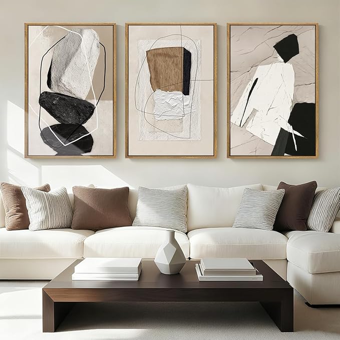 ANHUIB Large Abstract Wall Art Canvas,Black Beige Artwork,NeutralModern Framed Wall Art, Minimalist Geometric Painting,24x36 Inches Set of 3 for Living Room Bedroom