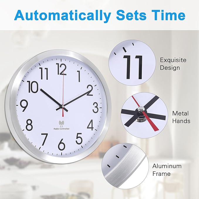Atomic Analog Wall Clock, 14Inch Radio Controlled Sets Automatically Wall Clock, Aluminum Frame WallClock for Home School Office