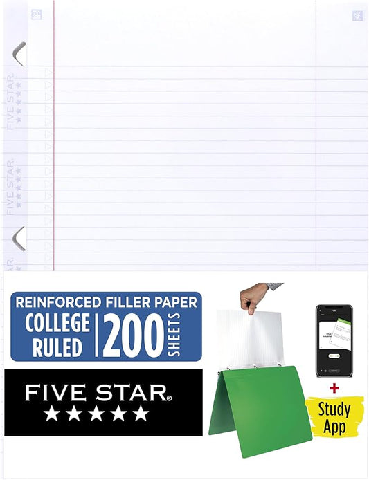 Five Star Loose Leaf Paper + Study App, College Ruled Filler Notebook Paper, Reinforced, Fights Ink Bleed, 8-1/2" x 11", 200 Sheets (170054-ECM)