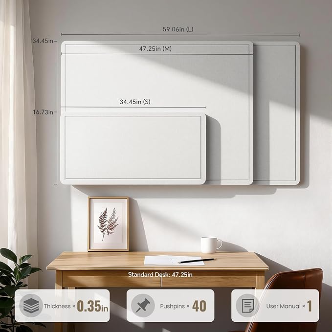Large Bulletin Board, 35 X 17 Inches Felt Cork Board with 40 Pushpins, Foldable Felt Notice Pin Board Photo Display Board with Self-Adhesive Tape for Office Home School (White, 35x17 inch)