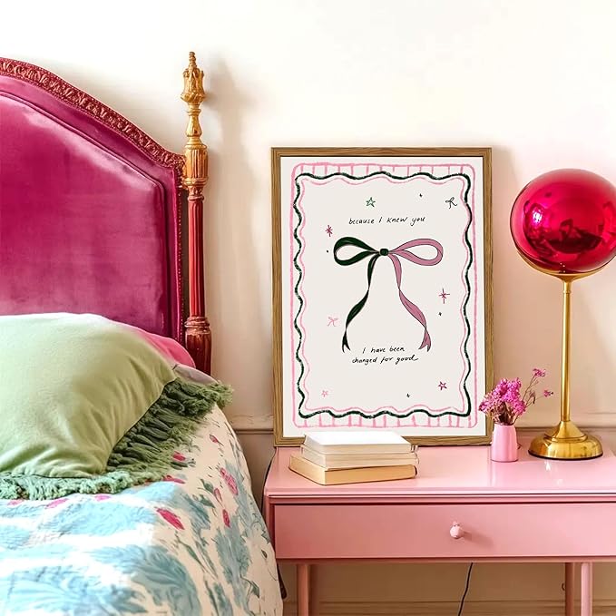 Framed Pink Bow Wall Art, Coquette Preppy Canvas Wall Decor Pictures, Trendy Inspirational Quote Paintings Prints Girly Home Decor Aesthetic for Girls Room Bedroom Dorm 16x24 inch