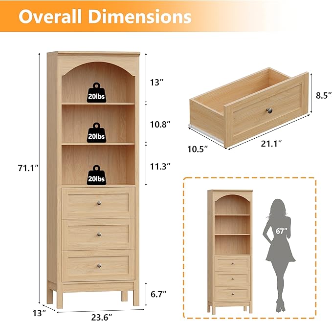 Bookshelf with Drawers, 71" Tall Wood Bookcase with Adjustable Shelf, 24" Wide Arched Book Shelf, Floor Standing Display Storage Cabinet for Home Office, Study and Living Room, Natural Oak